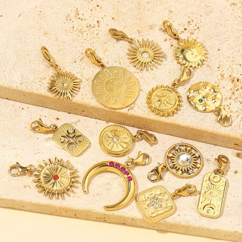Gold Plated Stainless Steel Celestial DIY Charms Lobster Clasp Rhinestone Sun Moon Star Tarot Style For Jewelry Making