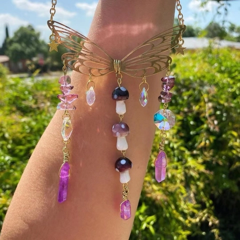 Butterfly Suncatcher Crystal Wind Chime Metal Alloy Natural Stone Mushroom Beads Hanging Ornament Window Garden Decor Bohemian
