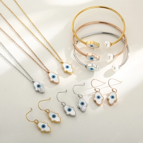 Hamsa Hand Böser Blick Herz Anhänger Halskette Ohrringe Und Armband Edelstahl Muschel Künstliche Perle Schmuck Für Frauen