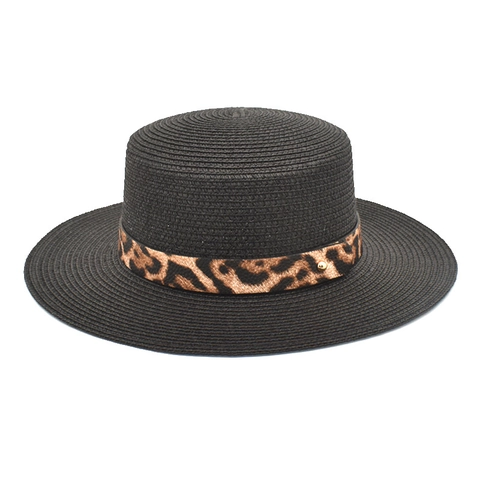 Cappello di Paglia da Donna in Stile Francese con Fascia Leopardata e Fibbia Dorata Protezione Solare per Vacanze al Mare