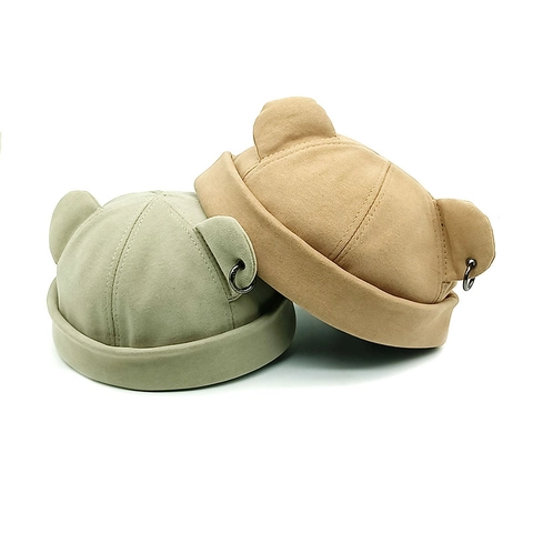 Korean Style Cute Cat Ear Docker Hat For Women Individual Streetwear Brimless Beanie Cotton Landlord Hat With Metal Ring