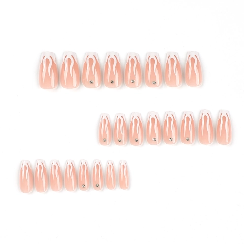 Französische Press On Nägel Weiße Flamme Lange Sarg Form Künstliche Nägel Mit Strass Nude Rosa Fingernägel Für Damen