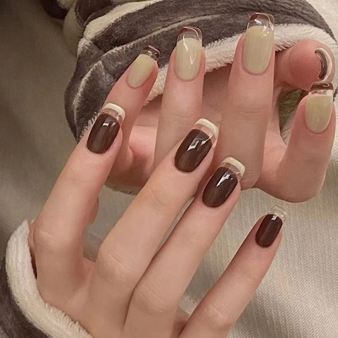 French Press On Nails Mocha Brown Milk Yellow Square Round Medium Long Removable Fashion Manicure For Women