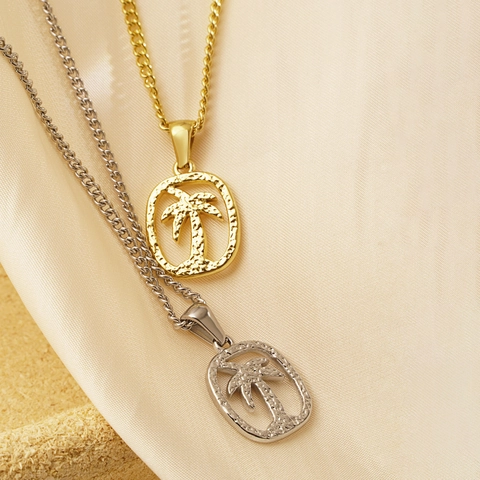 Collier Pendentif Cocotier Tropical en Acier Inoxydable pour Femmes Bijoux de Mode de Vacances à la Plage
