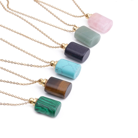Natural Gemstone Perfume Bottle Pendant Necklace Essential Oil Diffuser Stainless Steel Chain Vintage Bohemian Jewelry Women