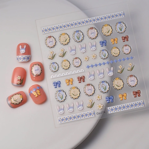 Stickers Ongles Relief 5D Stéréoscopiques Doux Lapin Tulipe Fleurs Cadre Vintage Décalcomanies Autocollantes Pour Femmes