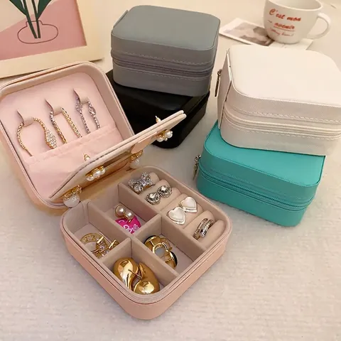 Portable Mini Jewelry Box PU Leather Square Travel Storage Case With Mirror And Zipper For Rings Earrings Necklaces