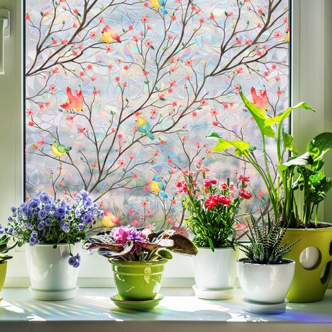 Regenbogen Fensterfolie Statisch Haftend Vogel Blume Ast Sonnenschutz Sichtschutz Glasaufkleber Dekorativ Wohnzimmer