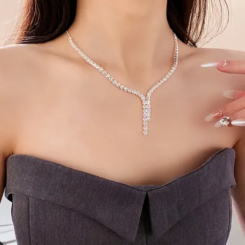 Elegant Zircon Tassel Necklace And Fringe Earrings Jewelry For Women Luxury Silver Color Plated Copper Sparkle Accessory