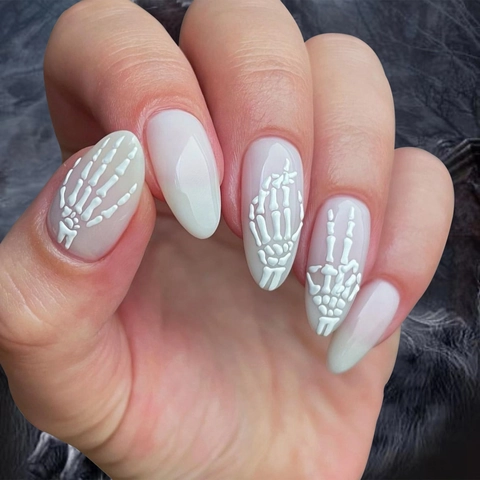 Halloween Press On Nails 3D Embossed White Skeleton Hand Bone Almond Fake Nails Milky White Gothic For Women