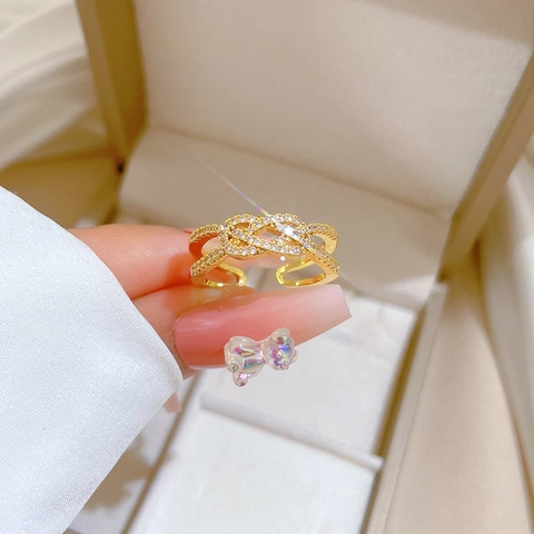 Adjustable Cross Knot Ring Brass Micro Paved Cubic Zirconia Twisted Finger Jewelry Minimalist Fashion For Women