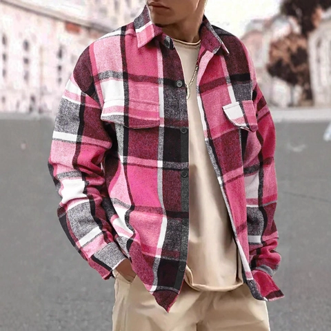 Herren Casual Karo Hemdjacke Revers Knopfleiste Langarm Shirt Jacke Mit Taschen Vintage Karo Oberbekleidung Top