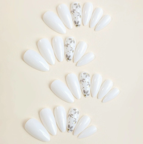 Kunstnagels Press On Nagels Wit Bloemenpatroon Amandelvorm Afneembare Kunstnagels Vrouwen Manicure Zoet Elegant