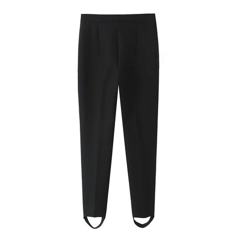 Women High Waist Stirrup Pants Solid Black Tapered Casual Trousers Elastic Polyester Office Lady Private Style