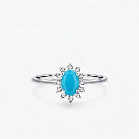 Anello In Argento Sterling 925 Con Turchese Ovale Halo Di Zirconi Design A Corona Stile Retrò Elegante Da Donna