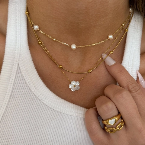 Minimalist Layered Necklace Stainless Steel 18K Gold Plated With Artificial Pearls And Heart Locket Snake Chain Jewelry For Women