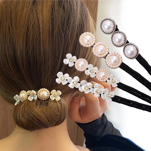 Vintage Artificial Pearl Flower Hair Bun Maker Elegant Fabric Petal Hair Styling Tool Sweet Donut Updo Twister Accessories For Women