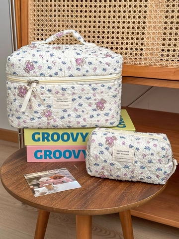 Borsa Per Cosmetici In Cotone Trapuntato Trousse Da Viaggio Motivo Floreale Orso Stile Carino Organizzatore Portatile