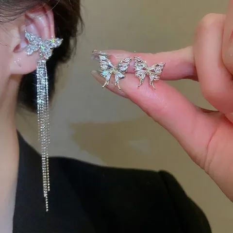 Vlinder Kwastje Oorbellen Koper Zirkoon Lange Ketting Ear Cuff Elegante Sieraden