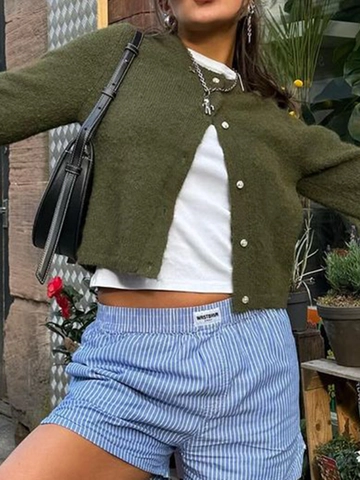 Cardigan En Tricot Pour Femmes Col Rond Boutonné Manches Longues Peluche Chaud Pull Décontracté