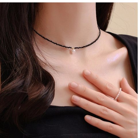 Collier en Perles de Cristal Noir Style Coréen Pendentif Perle Artificielle Cœur Boule Choker Plaqué Or Bijoux Femmes