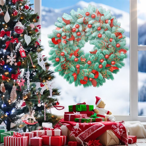 Christmas Wreath Window Stickers Static Cling PVC Glass Decals Pine Needle Red Ball Pine Cone Festive Home Decor