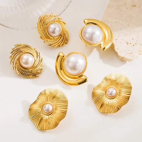 Fashionable Stainless Steel Artificial Pearl Stud Earrings For Women Elegant Gold Plated Geometric Spiral Flower Jewelry
