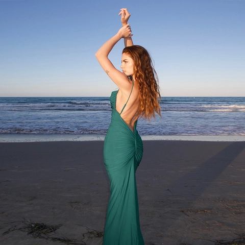 Elegant Backless Ruched Maxi Dress Mercerized Cotton Spaghetti Strap Slim Fit Vacation Evening Party For Women