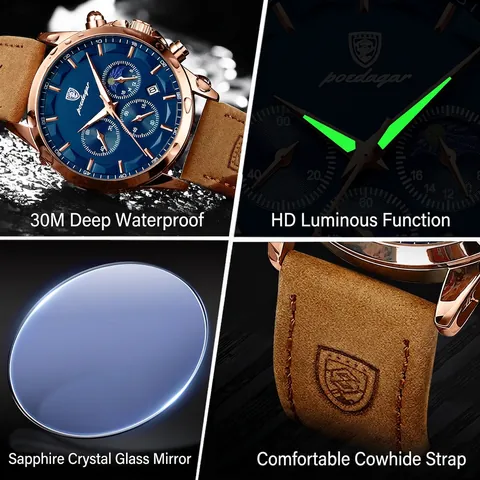 Men Chronograph Watch Stainless Steel Leather Strap Waterproof Luminous Date Moon Phase Business Casual Quartz Wristwatch