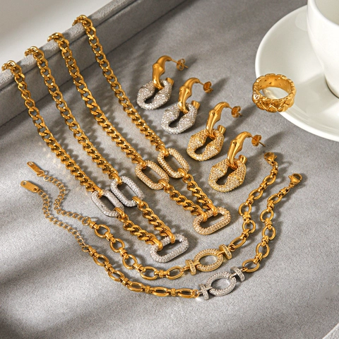Luxury Stainless Steel Pave Rhinestone Cuban Link Jewelry Set For Women Gold Silver Two-Tone Necklace Bracelet Earrings Ring