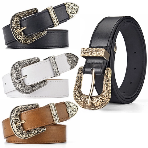 Cintura da Donna Western Vintage in Pelle PU con Fibbia ad Ardiglione in Lega Sbalzata Design Intagliato Floreale Stile Bohémien