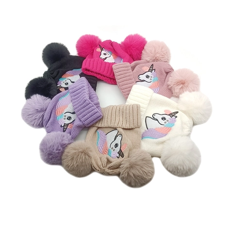 Kids Winter Knitted Beanie Hat Double Faux Fur Pom Pom Unicorn Embroidery Warm Acrylic Ribbed Cuff For Toddler Girls