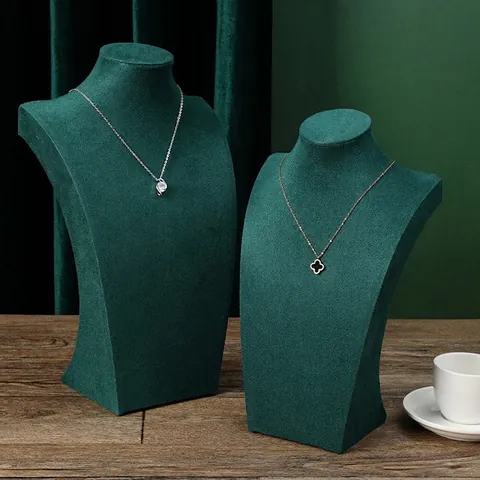 Emerald Green Velvet Solid Wood Necklace Display Stand Mannequin Bust Jewelry Show Organizer Photography Prop Elegant