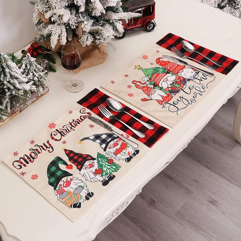 Christmas Gnome Placemats Linen Burlap Buffalo Plaid Table Mats Holiday Farmhouse Rustic Dining Festive Decor Merry Christmas