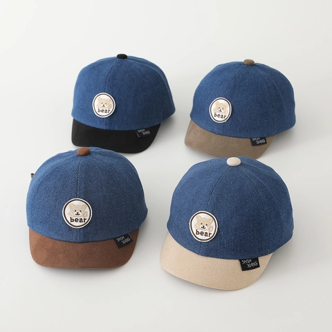 Toddler Denim Baseball Cap Cotton Patchwork Short Brim Cartoon Bear Heart Letter Embroidery Adjustable Sun Hat