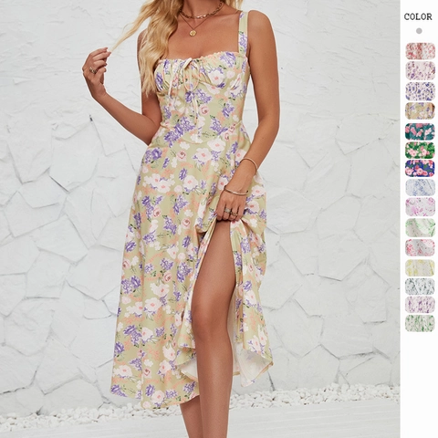 Abito Da Donna Con Cinturino Stampa Floreale Senza Maniche Scollo Quadrato Coulisse Abito Midi Spacco Laterale Vacanze Estive