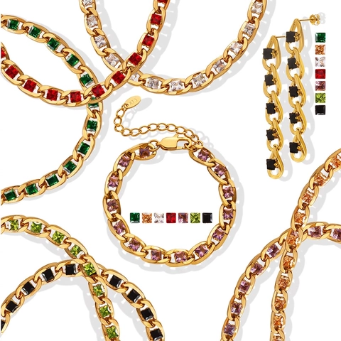 Stainless Steel Jewelry Set 18K Gold Plated Cuban Chain Square Colorful Zircon Necklace Bracelet Earrings For Women Luxury