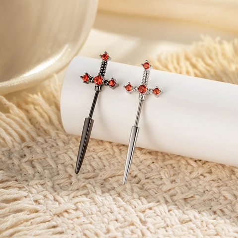 Sword Shaped Cross Cartilage Stud Earring Titanium Steel Copper Red Zircon Screw Back Helix Piercing Gothic Jewelry