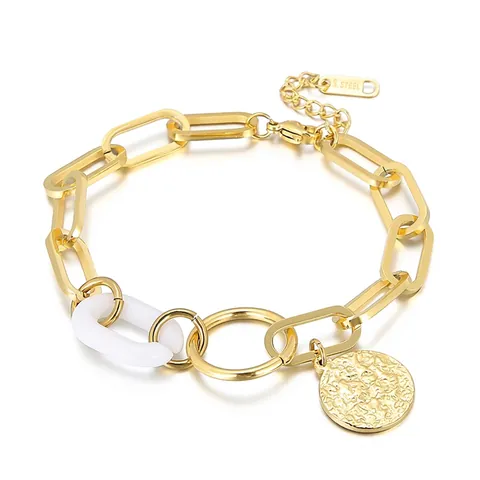 Stainless Steel Chain Bracelet With White Resin Link And Hammered Round Pendant Geometric Retro Style For Women