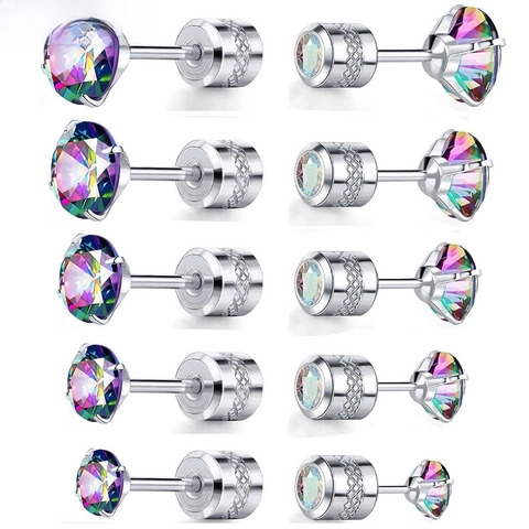 Orecchini a Bottone in Acciaio Inossidabile con Strass a Quattro Griffe Geometrici Tondi Quadrati con Chiusura a Vite Gioielli Colorati Unisex