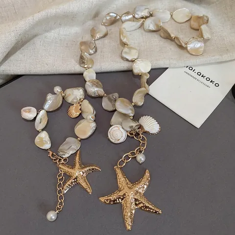 Collar Con Colgante De Estrella De Mar Con Aleación Oro Concha E Imitación Perla Artificial Vacaciones En La Playa Estilo Bohemio Para Mujeres