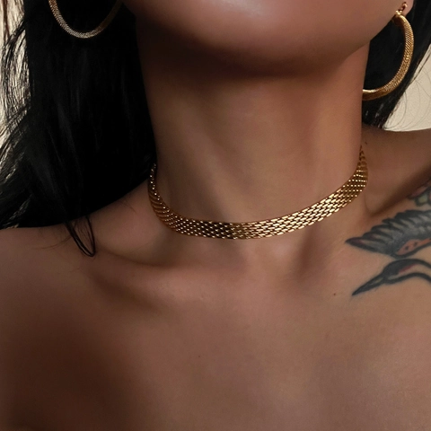 Collier Ras Du Cou En Maille Plaqué Or 18K Acier Inoxydable 304 Chaîne Plate Tissée Rétro Pour Femmes Style Hip Hop