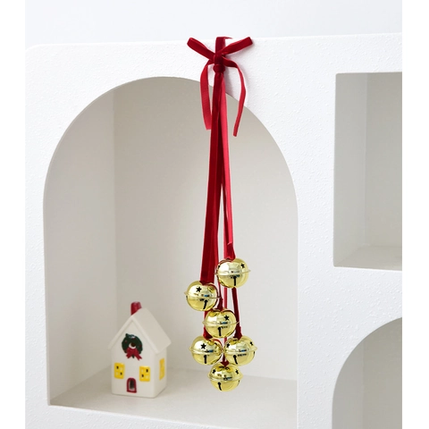 Ornamenti Appesi Campane Di Natale Nastro Velluto Rosso Metallo Dorato Stella Intagliata Fiocco Per Albero Porta Finestra