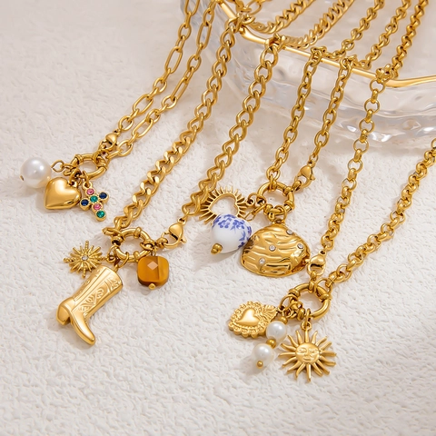 Collana Con Pendente In Acciaio Inossidabile Placcato Oro 18K Con Perla Artificial Cuore Stella Charms Moda Bohemia Per Donna