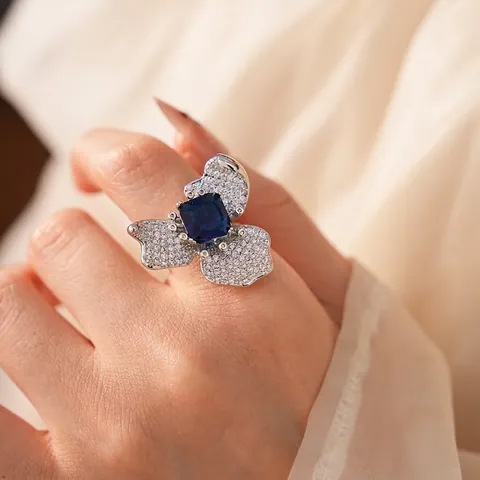 Anillo Abierto Ajustable De Flor Vintage Zircón Azul Cuadrado Pavé De Zircones Blancos Joyería De Lujo Para Mujer