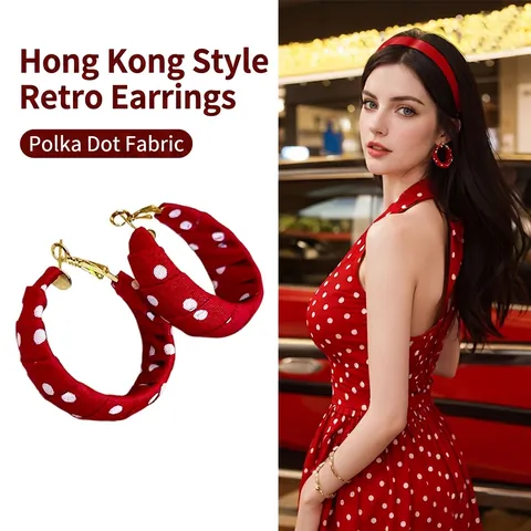 Orecchini A Cerchio Avvolti In Tessuto A Pois Con Perno In Argento Sterling 925 Stile Retro Vintage Per Donne