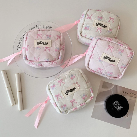 Quilted Cotton Storage Bag Mini Square Floral Pouch With Bowknot Ribbon For Makeup Sanitary Napkins Coins Earphones Women