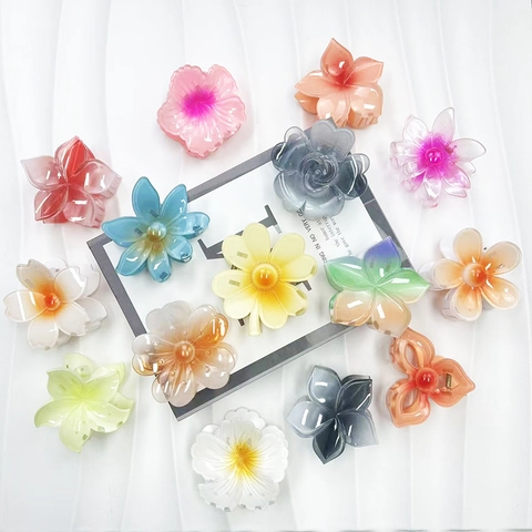 Farbverlauf Blumen Haarklammern Harz Acryl Frangipani Sonnenblume Rose Hai Clips Für Frauen Süße Sommer Haar Accessoires