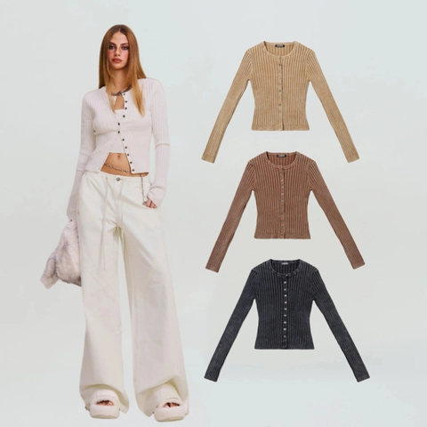 Dames Geribbelde Gebreide Cardigan Katoen Slim Fit Lange Mouwen Retro Gewassen Ronde Hals Knoopsluiting Top
