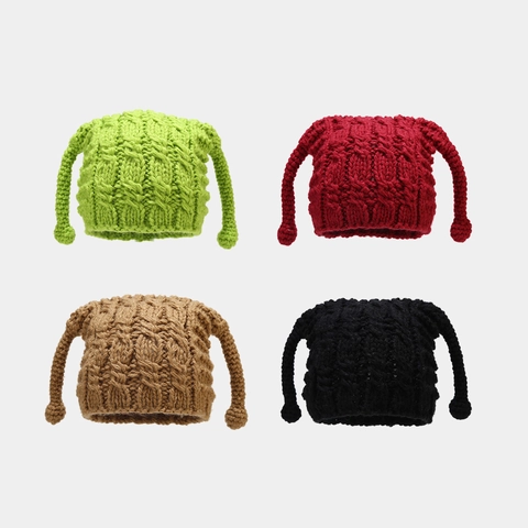 Süße Lustige Tentakel Strickmütze Für Damen Winter Warm Acryl Zopfmuster Ohrenschutz Zöpfe Bommel
